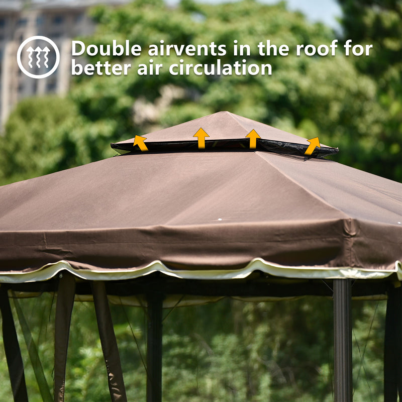 9.8Ft. Wx8.8Ft. H Outdoor Steel Vented Dome Top Patio Gazebo with Netting for Backyard, Poolside and Deck, Brown