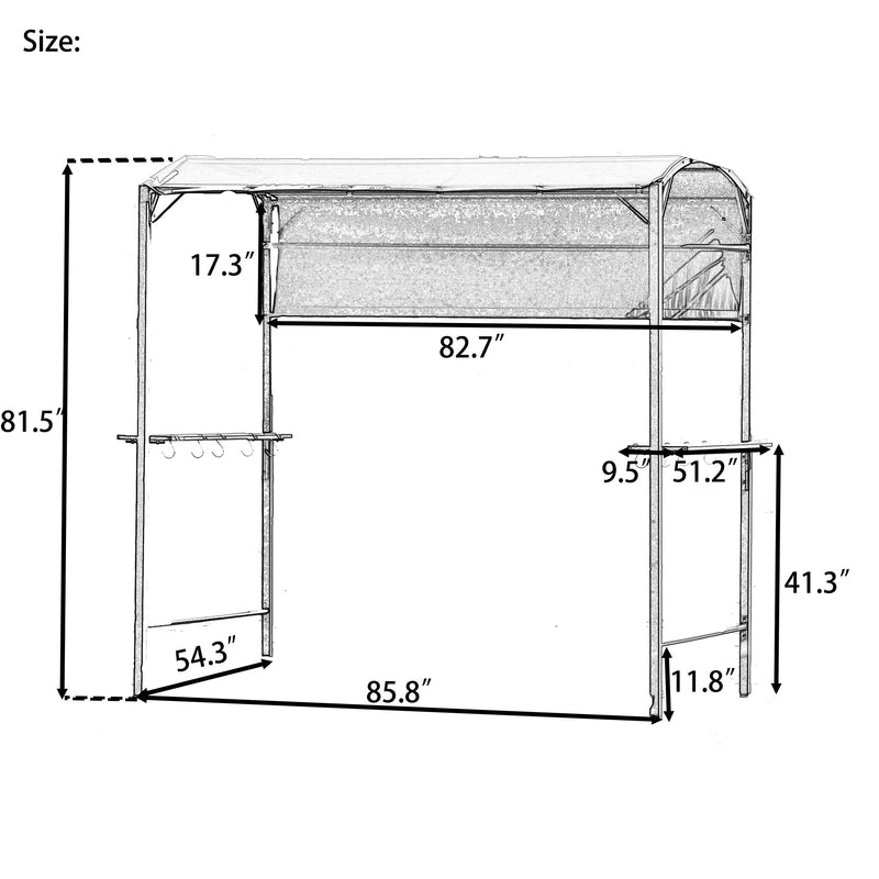 Outdoor 7Ft.Wx6.8Ft.H Steel Double Tiered Backyard Patio BBQ Grill Gazebo with Side Awning, Bar Counters and Hooks, Gray