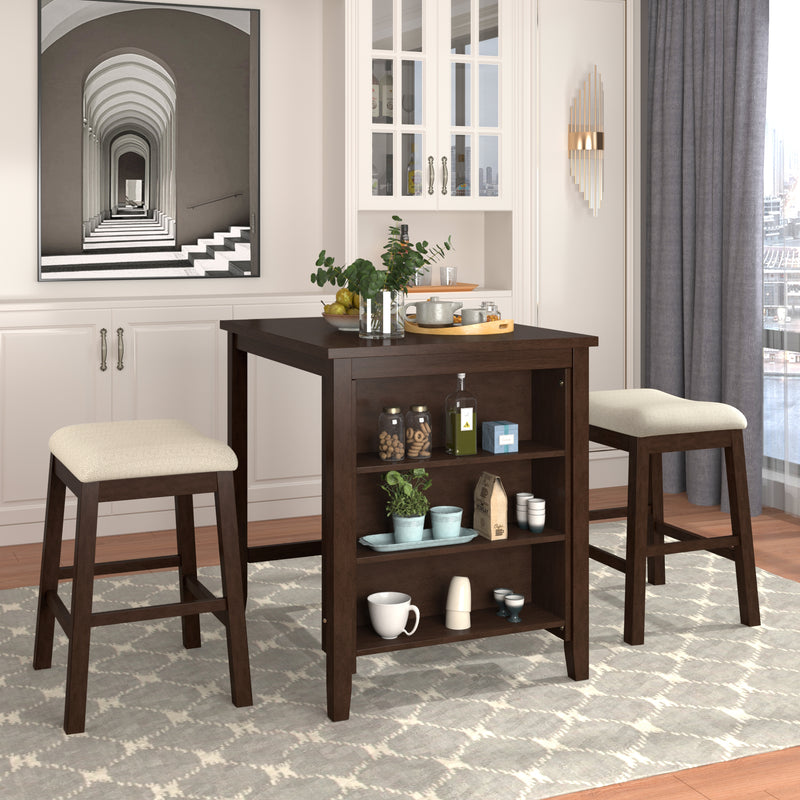 3 Piece Square Dining Table with Padded Stools, Table Set with Storage Shelf,Brown