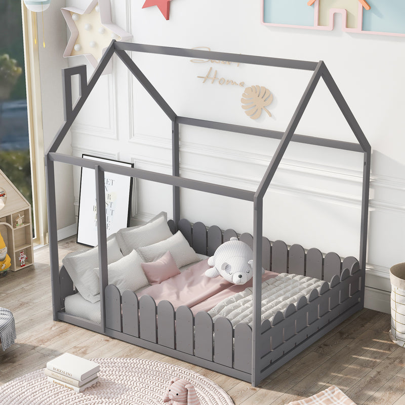 （Slats are not included)  Wood Bed House Bed Frame with Fence, for Kids, Teens, Girls, Boys