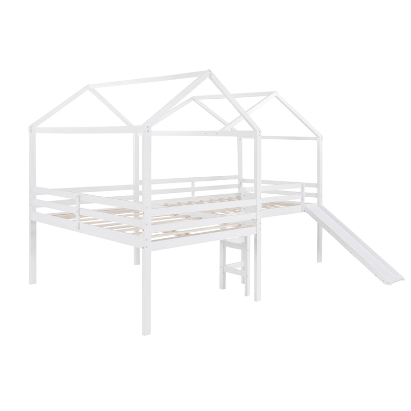 Full size Loft Bed Wood Bed with Roof,Slide,Guardrail,House Bed