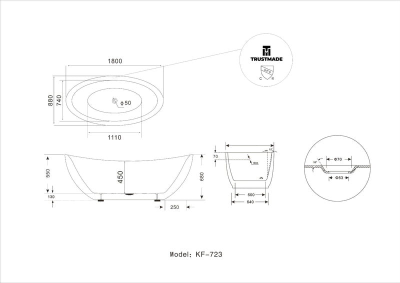 71 x 35.4 x 25.6 inch 100% Acrylic Freestanding Bathtub Contemporary Soaking Tub with Brushed Nickel Overflow and Drain