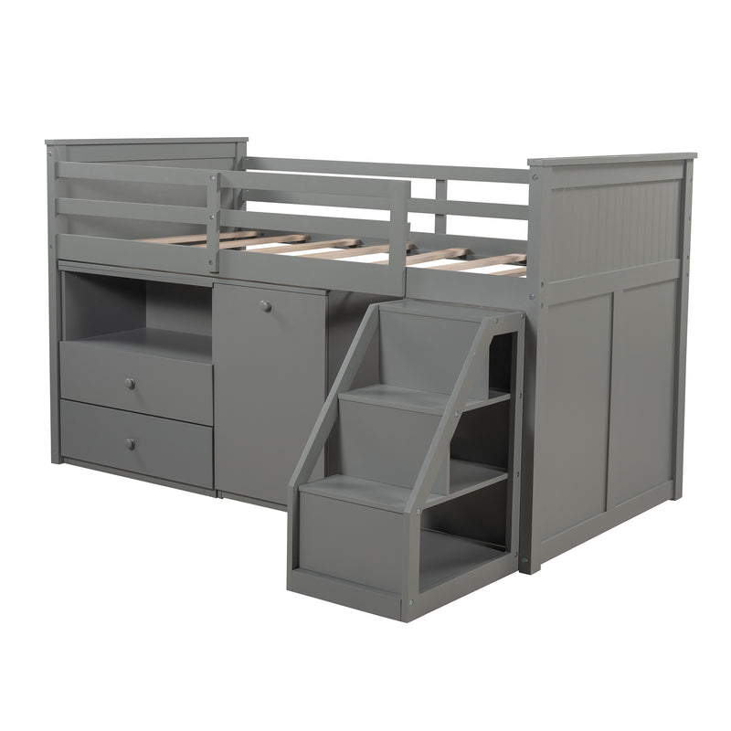 Low Study Twin Size Loft Bed With Storage Steps and Portable Desk,Gray, White