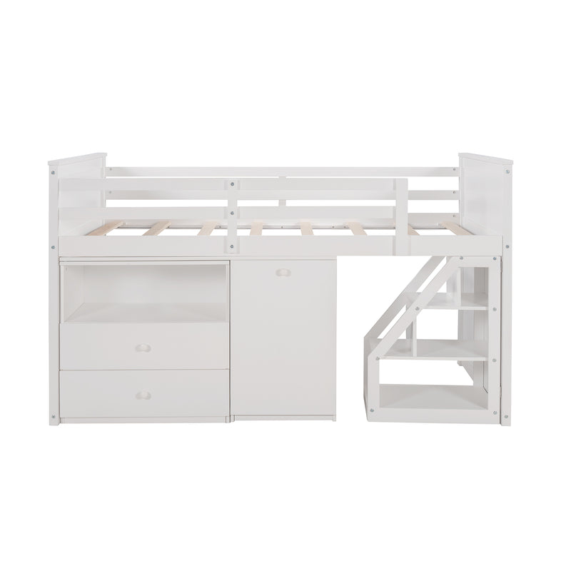 Low Study Twin Size Loft Bed With Storage Steps and Portable Desk,Gray, White