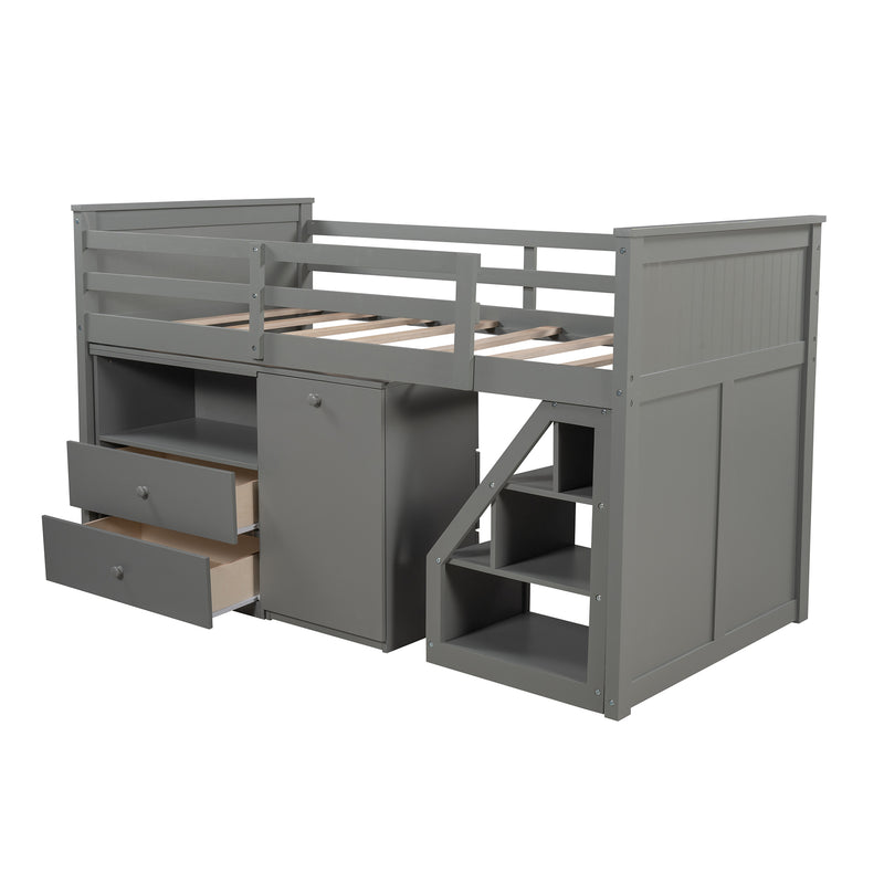 Low Study Twin Size Loft Bed With Storage Steps and Portable Desk,Gray, White