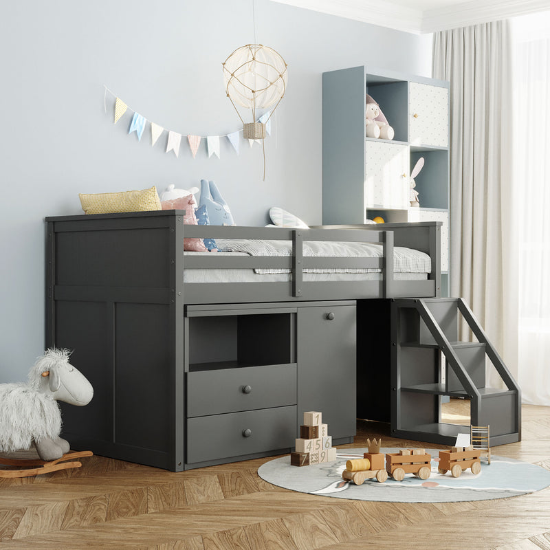 Low Study Twin Size Loft Bed With Storage Steps and Portable Desk,Gray, White