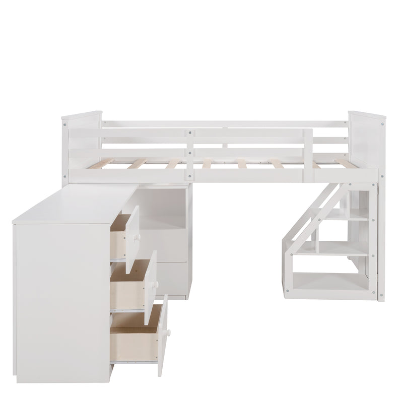 Low Study Twin Size Loft Bed With Storage Steps and Portable Desk,Gray, White