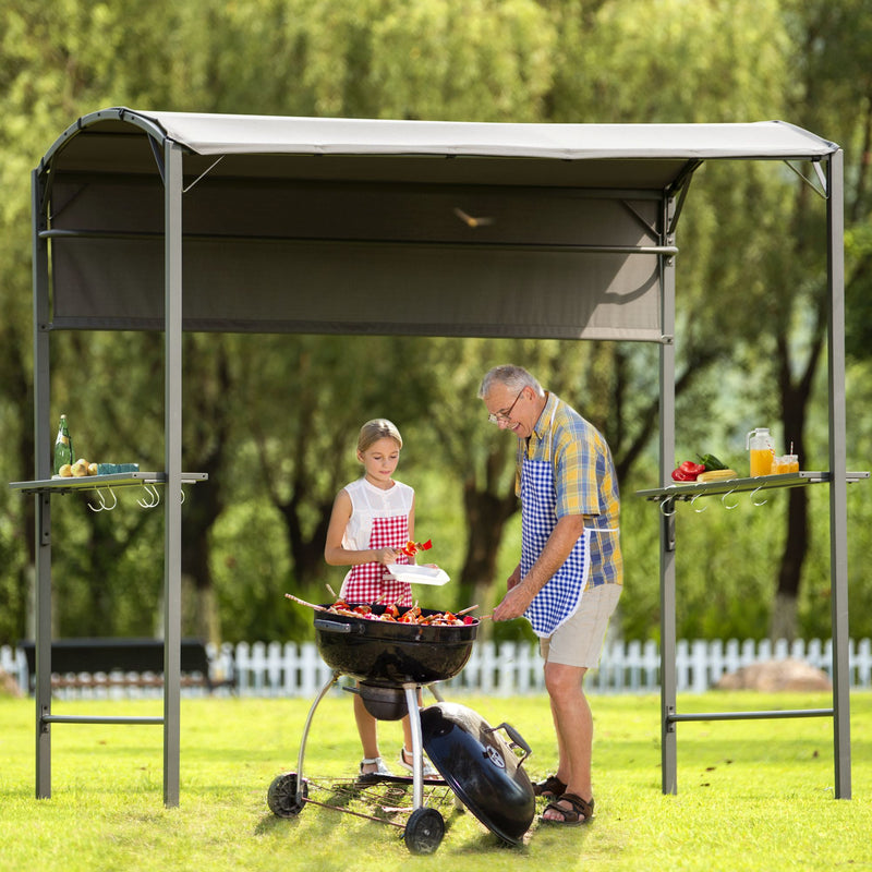 Outdoor 7Ft.Wx6.8Ft.H Steel Double Tiered Backyard Patio BBQ Grill Gazebo with Side Awning, Bar Counters and Hooks, Gray