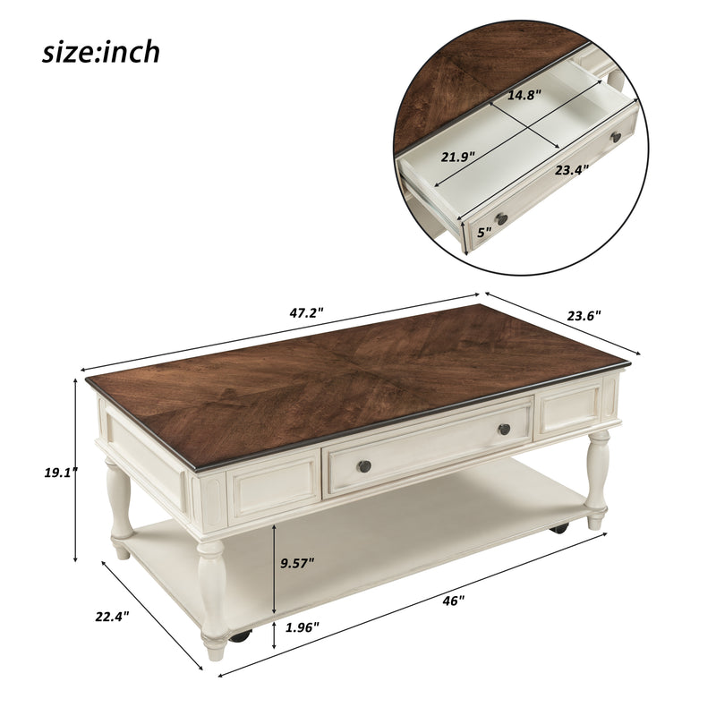 Retro Cocktail Table Coffee Table Easy Assembly Movable with Caster Wheels for Livingroom