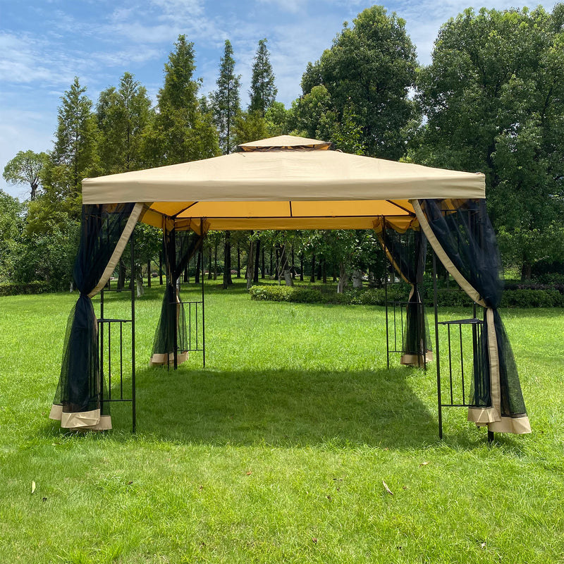 10x10Ft Outdoor Patio Gazebo Canopy Tent With Ventilated Double Roof And Mosquito Net(Detachable Mesh Screen On All Sides),Suitable for Lawn, Garden, Backyard and Deck,Beige Top