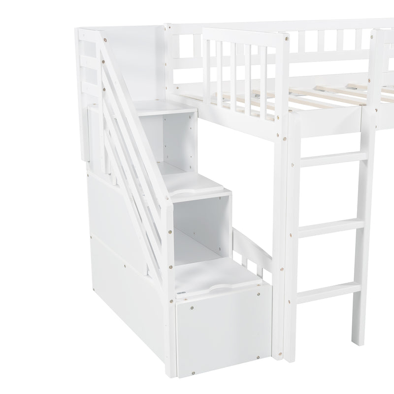 Stairway Twin Size Loft Bed with Two Drawers and Slide, Gray,White