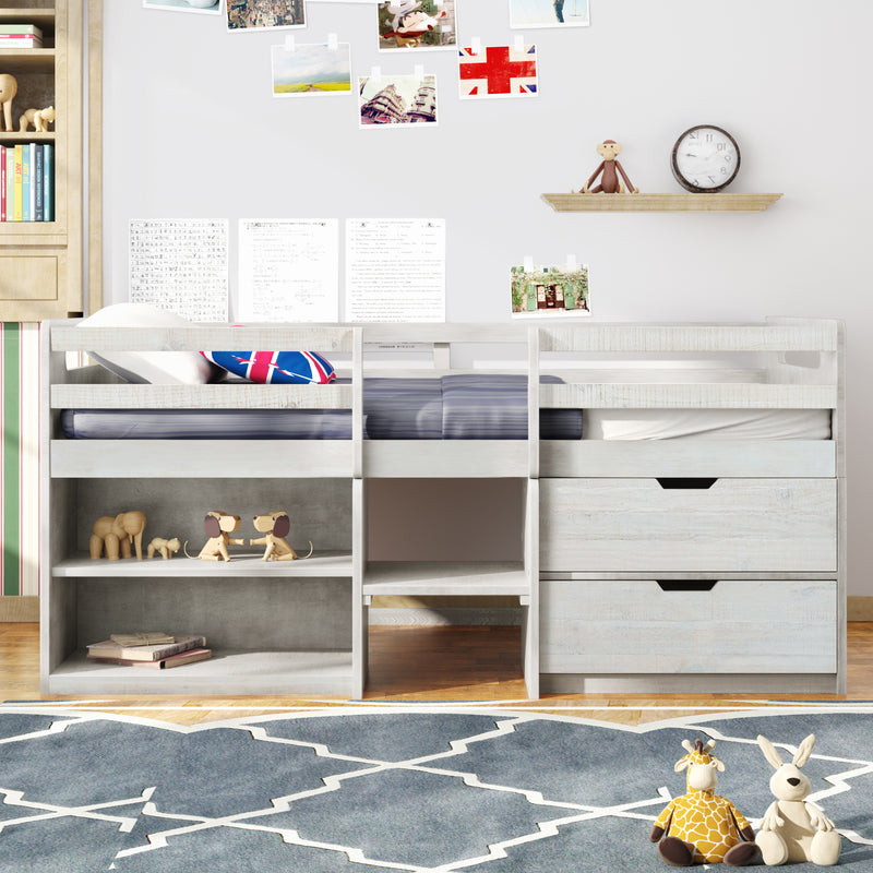 Twin size Loft Bed with Two Shelves and Two drawers