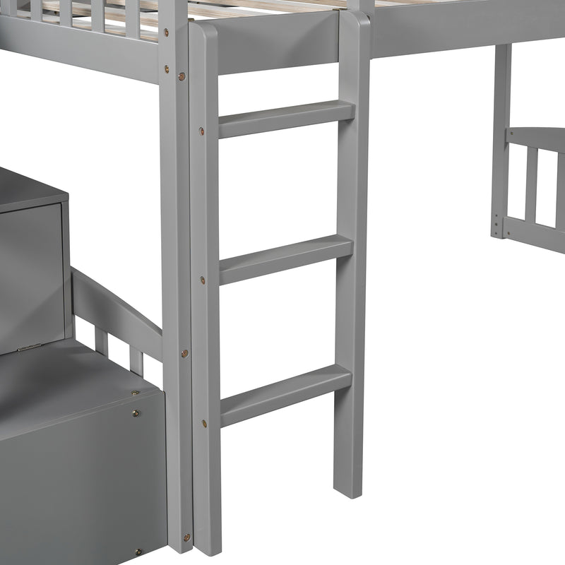 Stairway Twin Size Loft Bed with Two Drawers and Slide, Gray,White