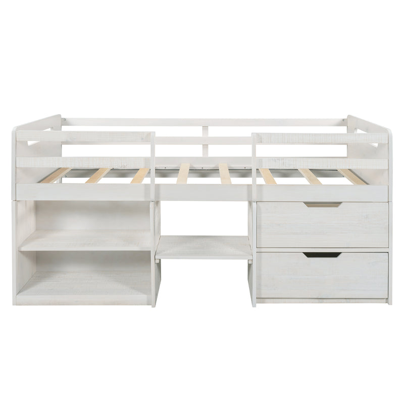 Twin size Loft Bed with Two Shelves and Two drawers