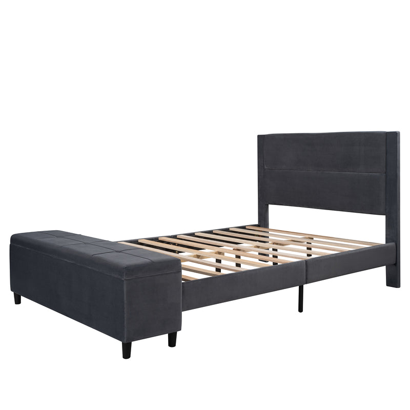 Queen Size Storage Bed Upholstered Platform Bed with a Cushioned Ottoman, Gray,Beige