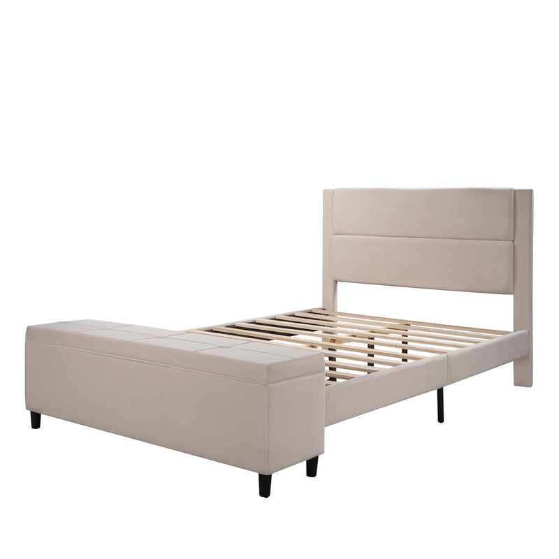 Queen Size Storage Bed Upholstered Platform Bed with a Cushioned Ottoman, Gray,Beige