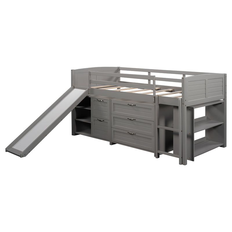 Low Twin Size Loft Bed with Cabinets, Shelves and Slide