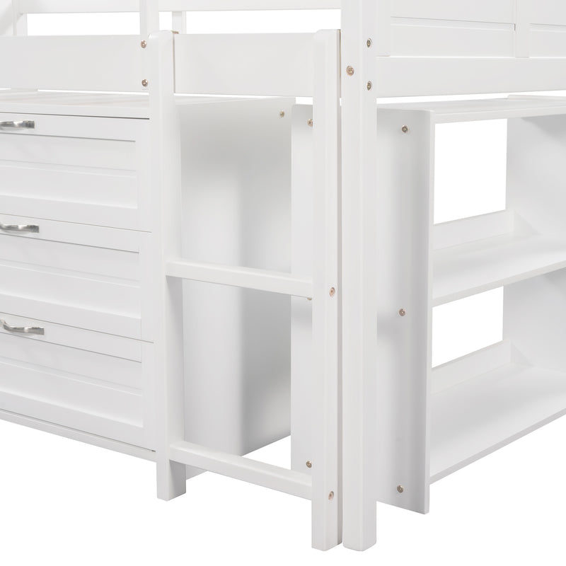 Low Twin Size Loft Bed with Cabinets, Shelves and Slide