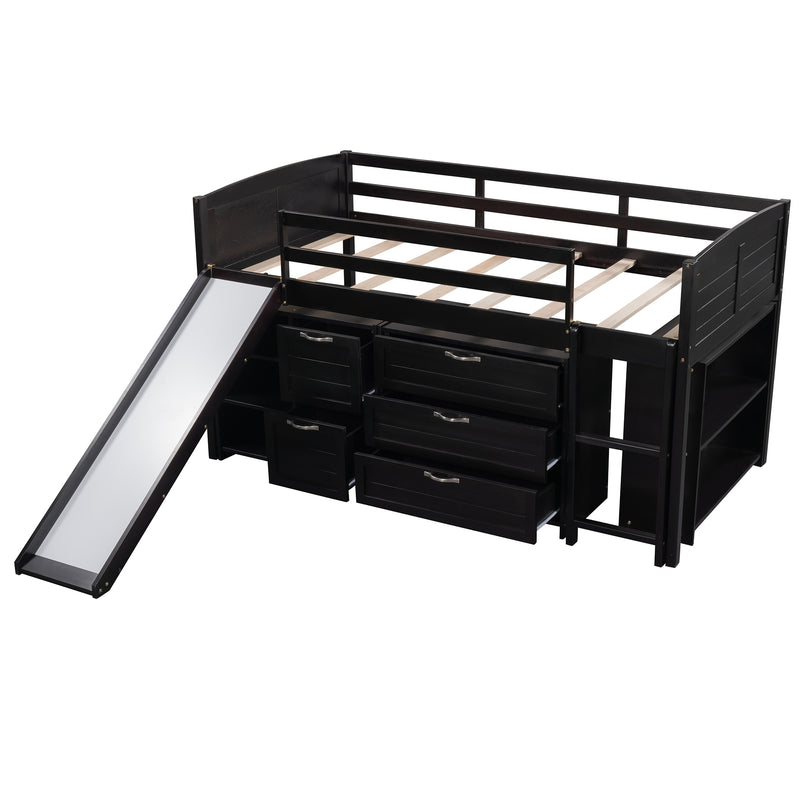 Low Twin Size Loft Bed with Cabinets, Shelves and Slide