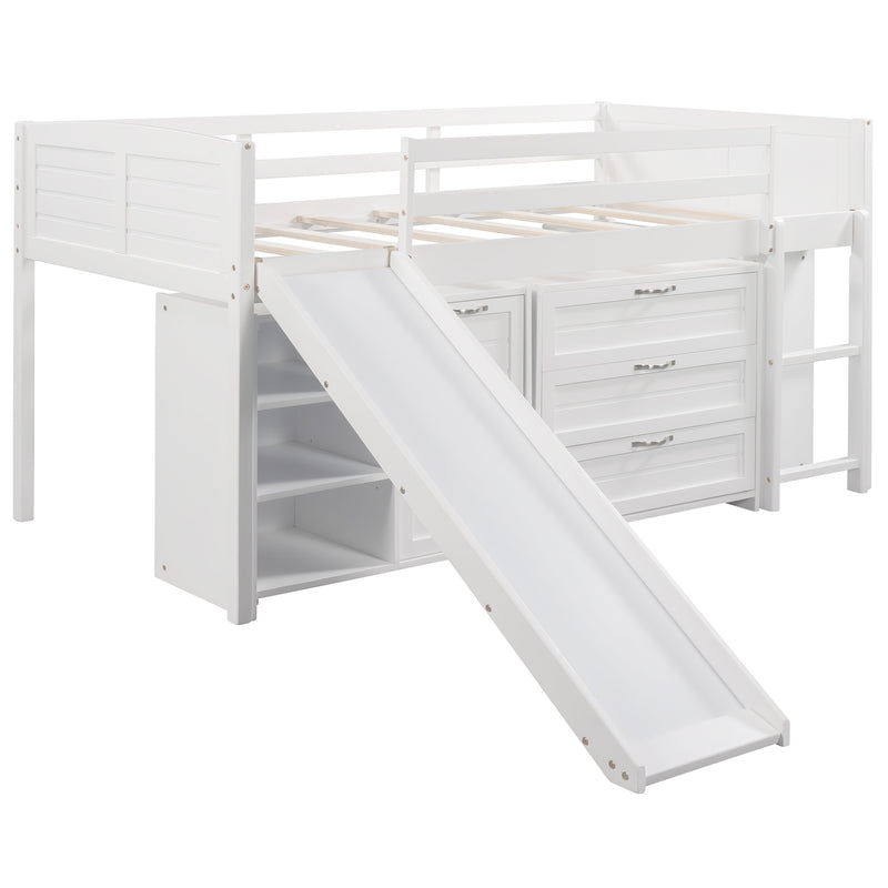 Low Twin Size Loft Bed with Cabinets, Shelves and Slide