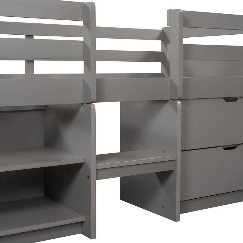 Twin size Loft Bed with Two Shelves and Two drawers