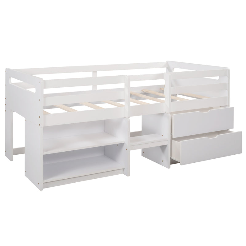 Twin size Loft Bed with Two Shelves and Two drawers