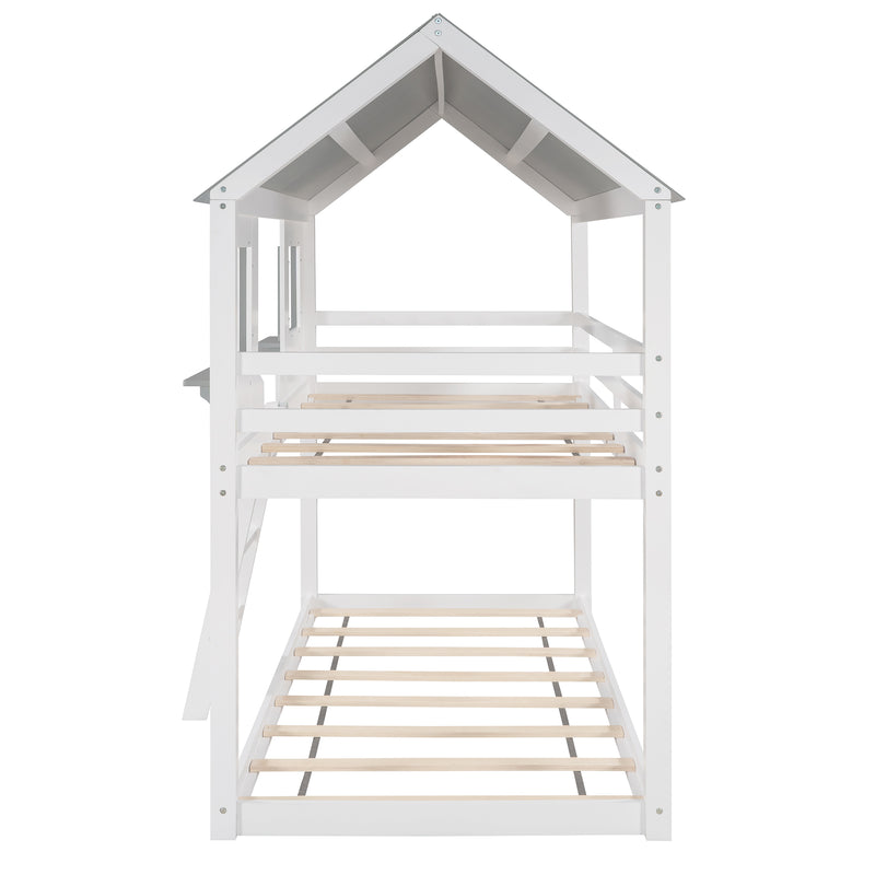 Twin Over Twin Bunk Bed Wood Bed with Roof, Window, Guardrail, Ladder (White)