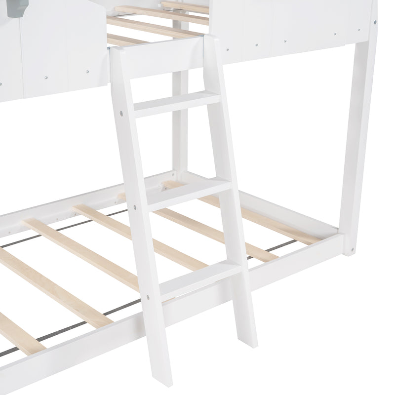 Twin Over Twin Bunk Bed Wood Bed with Roof, Window, Guardrail, Ladder (White)