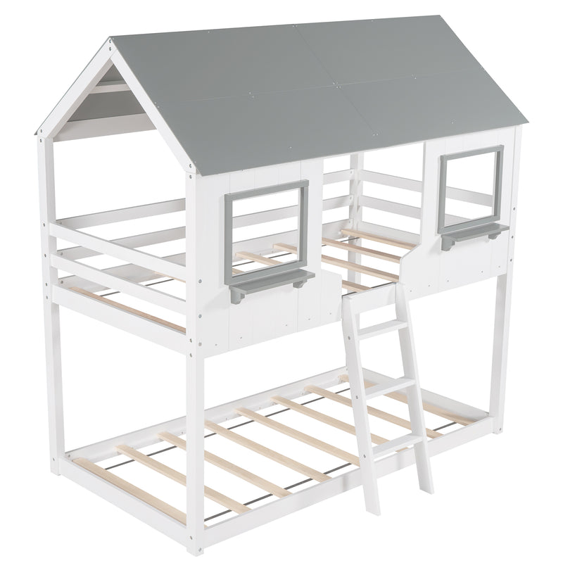 Twin Over Twin Bunk Bed Wood Bed with Roof, Window, Guardrail, Ladder (White)