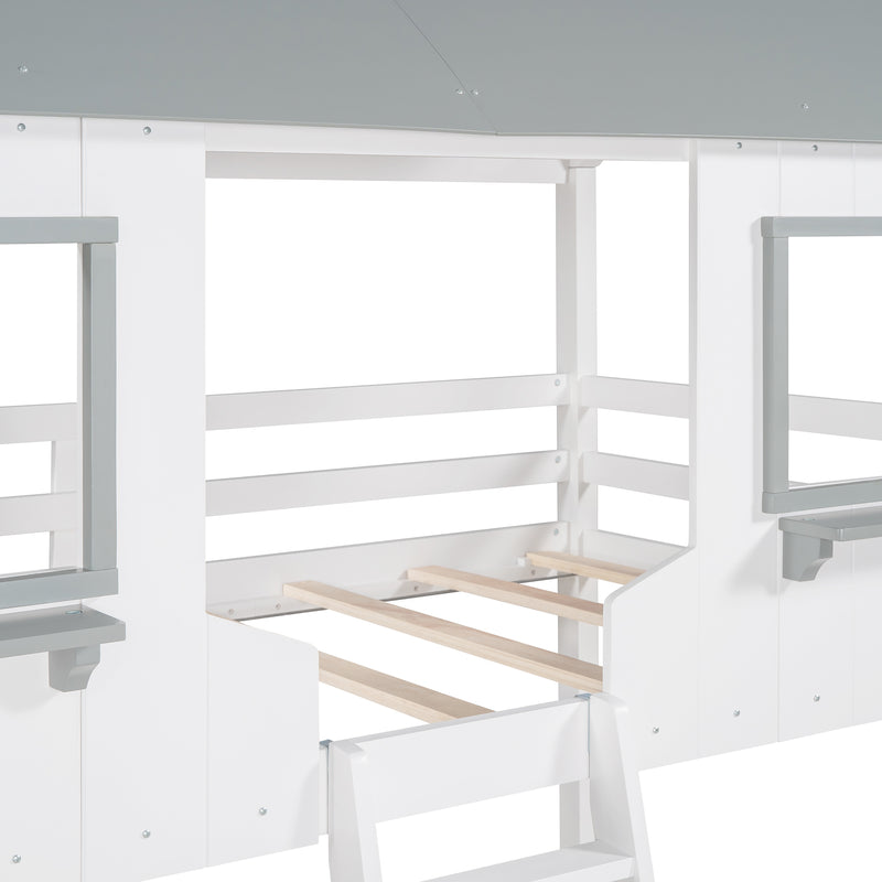 Twin Over Twin Bunk Bed Wood Bed with Roof, Window, Guardrail, Ladder (White)