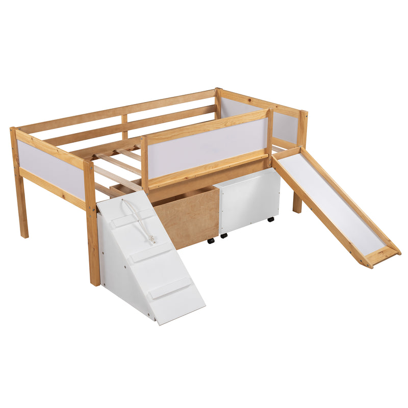 Twin size Low Loft Bed Wooden Bed with Two Storage Boxes