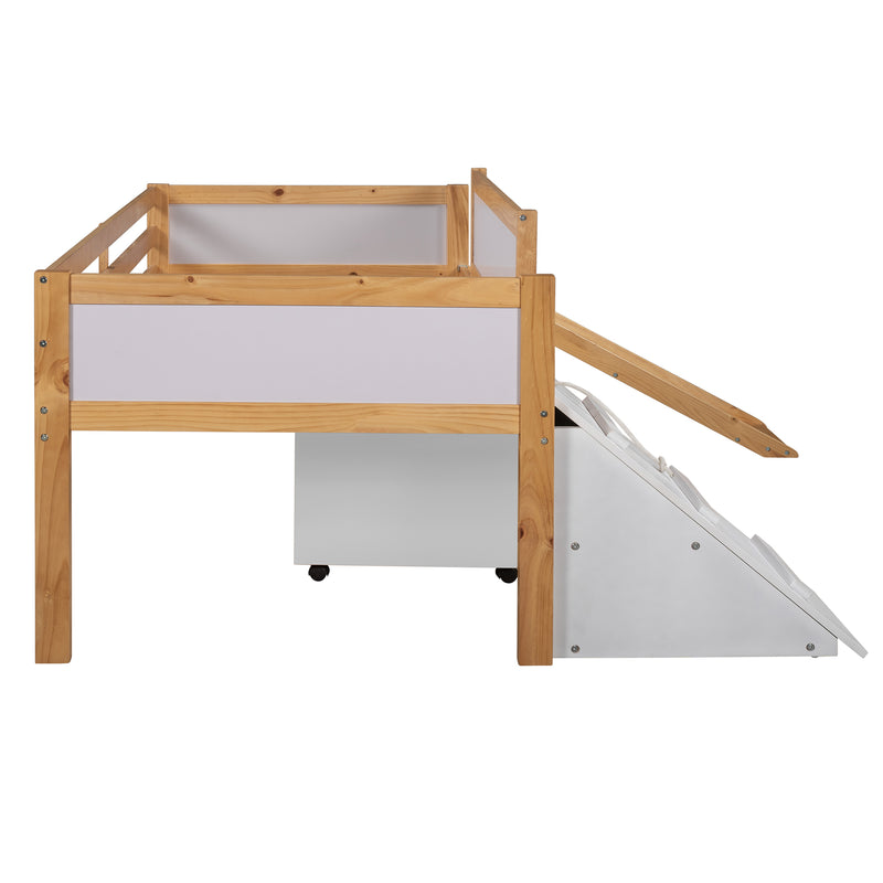 Twin size Low Loft Bed Wooden Bed with Two Storage Boxes