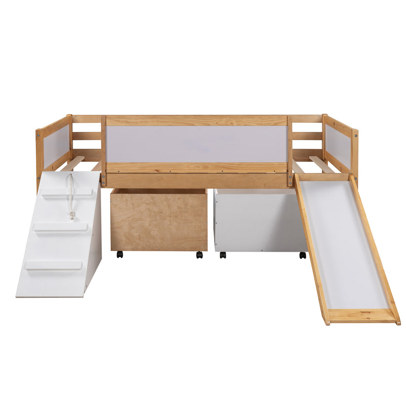 Twin size Low Loft Bed Wooden Bed with Two Storage Boxes