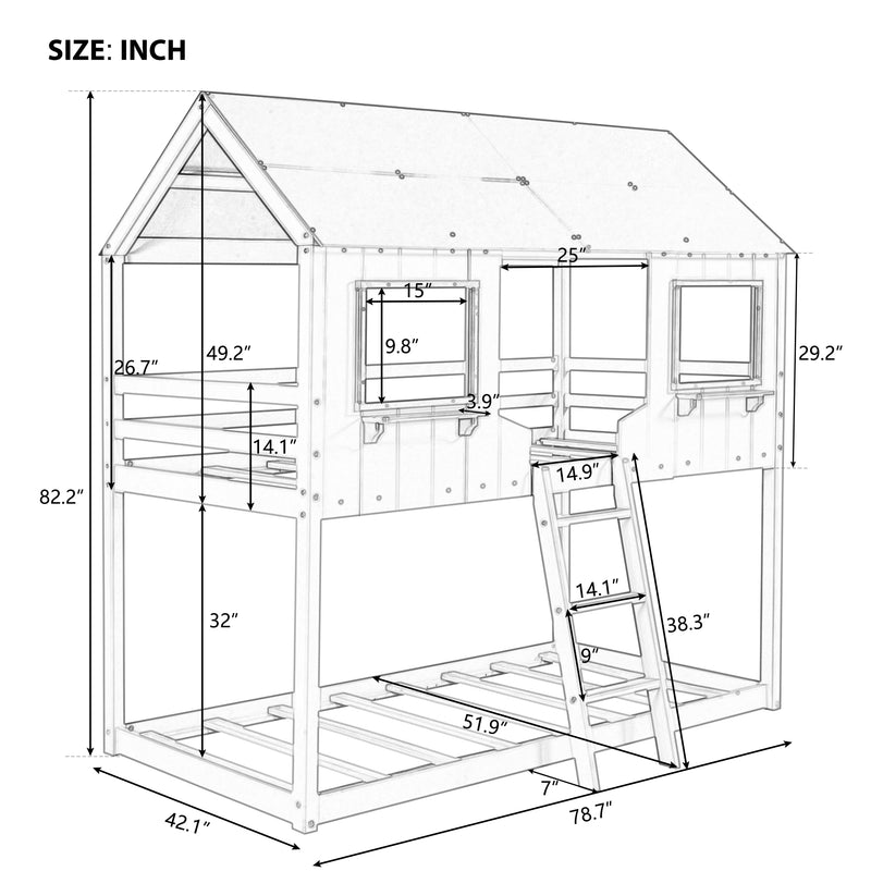 Twin Over Twin Bunk Bed Wood Bed with Roof, Window, Guardrail, Ladder (White)