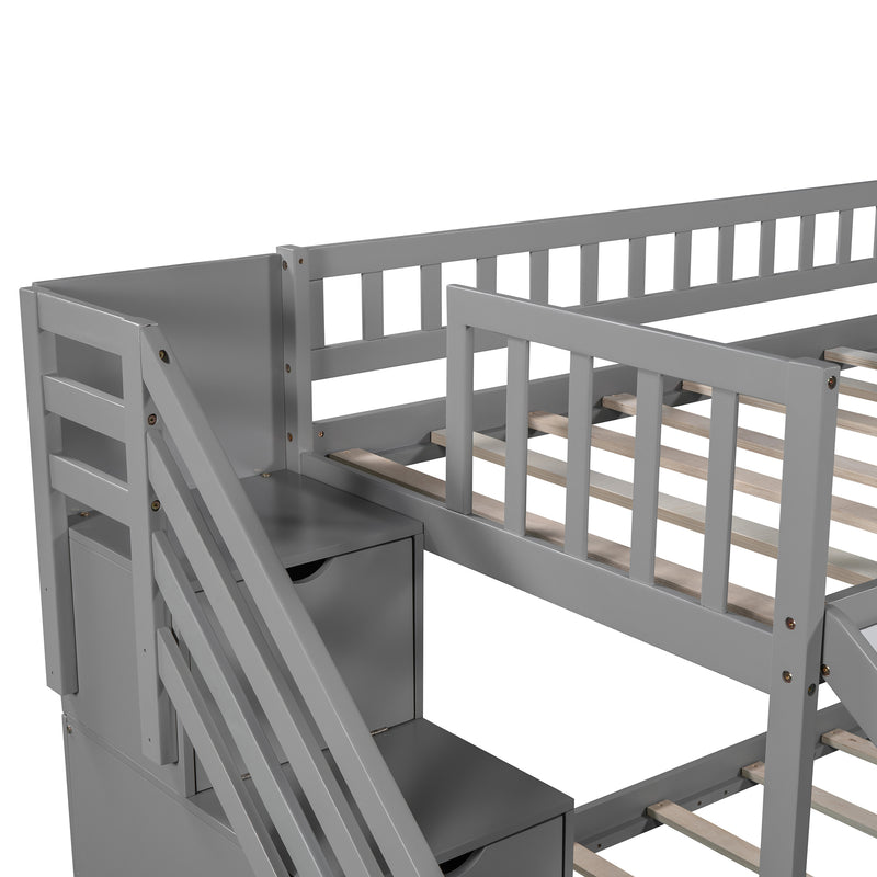 Stairway Twin over Twin Bunk Bed with Two Drawers and Slide