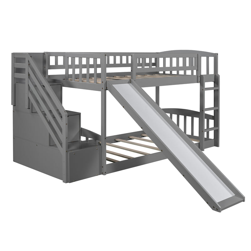 Stairway Twin over Twin Bunk Bed with Two Drawers and Slide