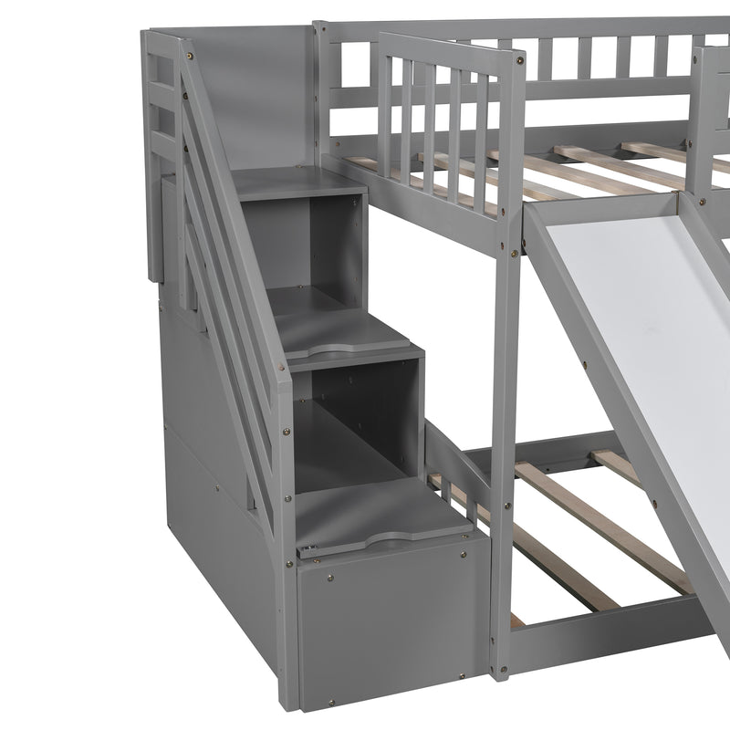 Stairway Twin over Twin Bunk Bed with Two Drawers and Slide