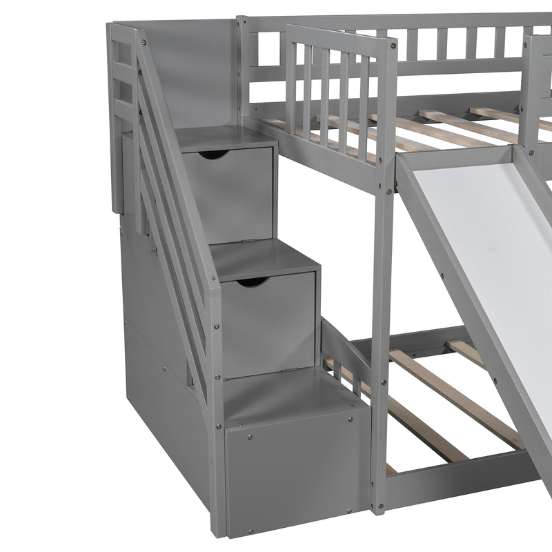 Stairway Twin over Twin Bunk Bed with Two Drawers and Slide