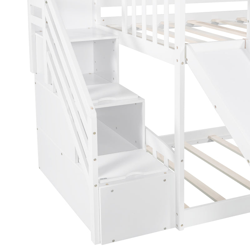 Stairway Twin over Twin Bunk Bed with Two Drawers and Slide