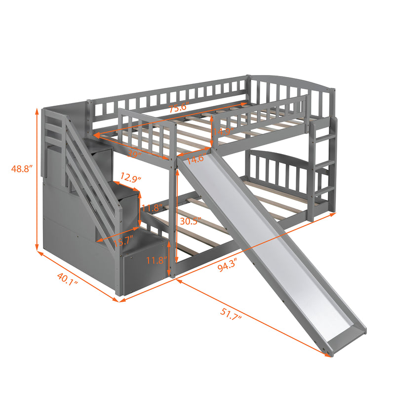 Stairway Twin over Twin Bunk Bed with Two Drawers and Slide