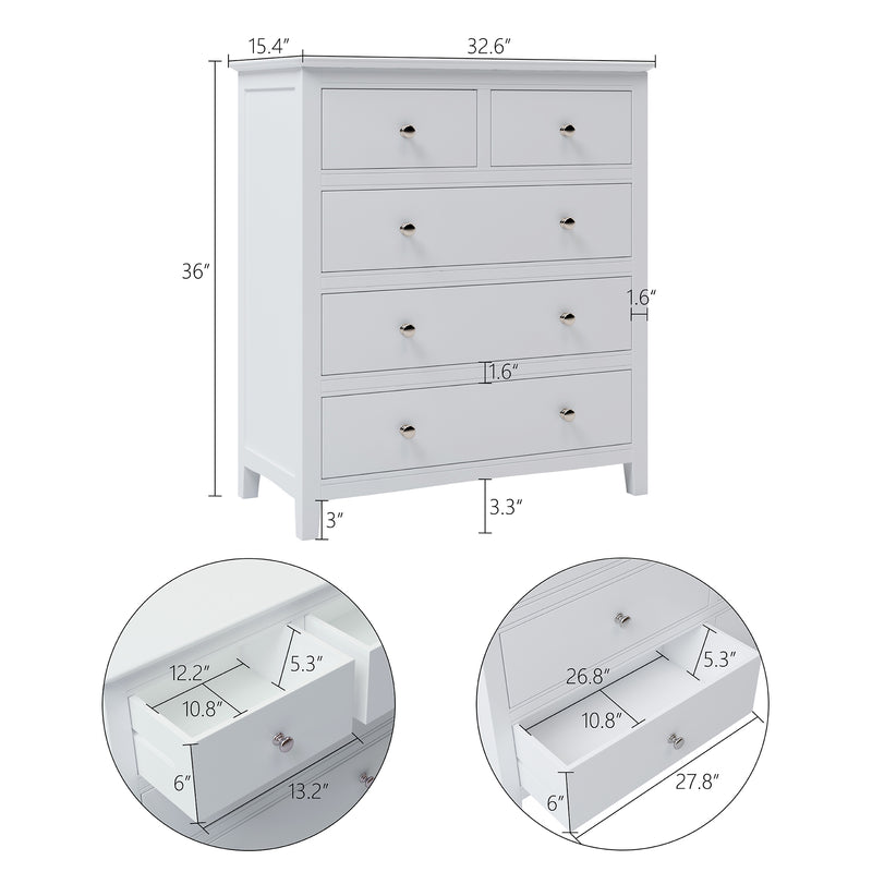 5 Drawers Solid Wood Chest in White