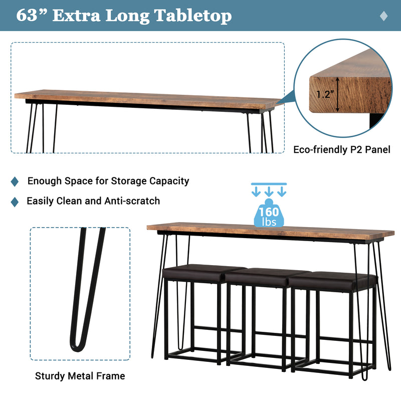 Updated 4 Pieces Counter Height Extra Long Dining Table Set with 3 PU Stools Bar Kitchen Table Set Console Table,Rustic Brown Table+Black Stool