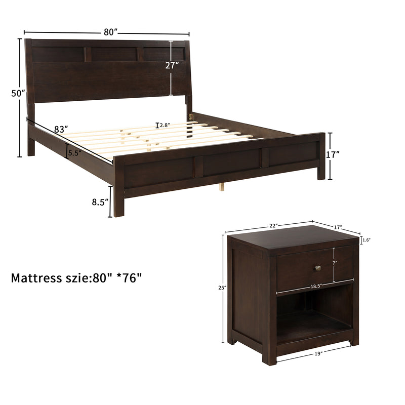 Classic Rich Brown 3 Pieces King Bedroom Set (King Bed + Nightstand*2)