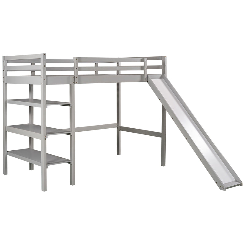 Twin/Full Size Loft Bed with Shelves over Twin Separate Platform Bed ,Gray