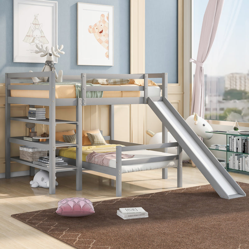 Twin/Full Size Loft Bed with Shelves over Twin Separate Platform Bed ,Gray