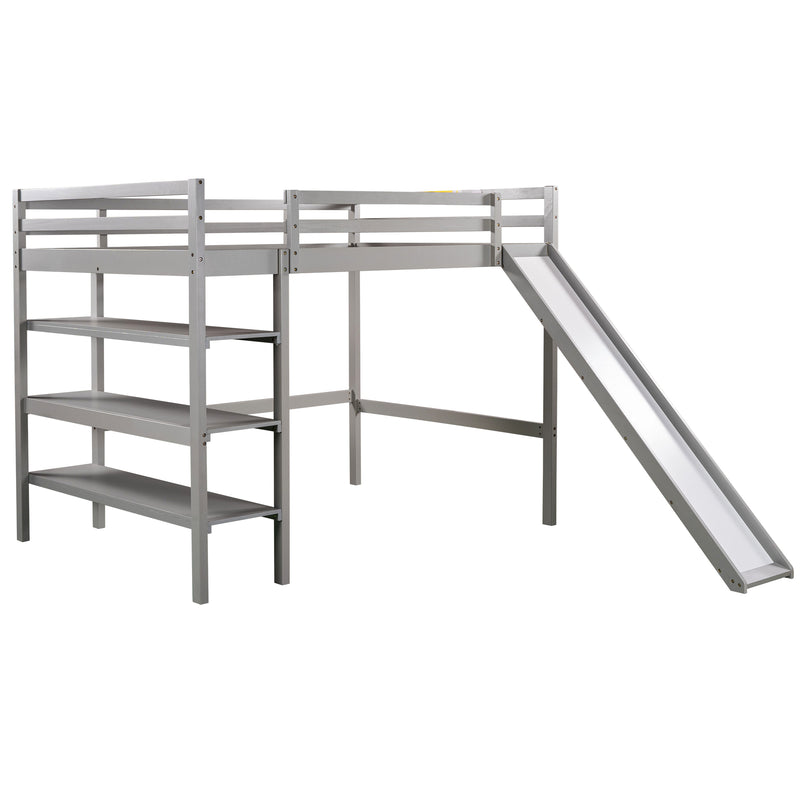 Twin/Full Size Loft Bed with Shelves over Twin Separate Platform Bed ,Gray