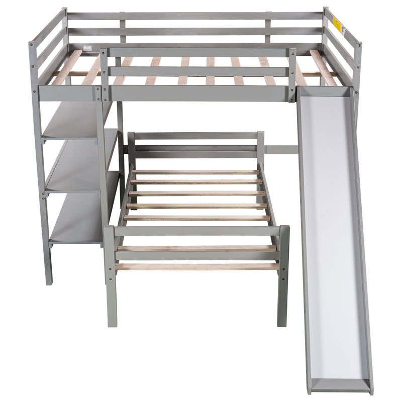 Twin/Full Size Loft Bed with Shelves over Twin Separate Platform Bed ,Gray