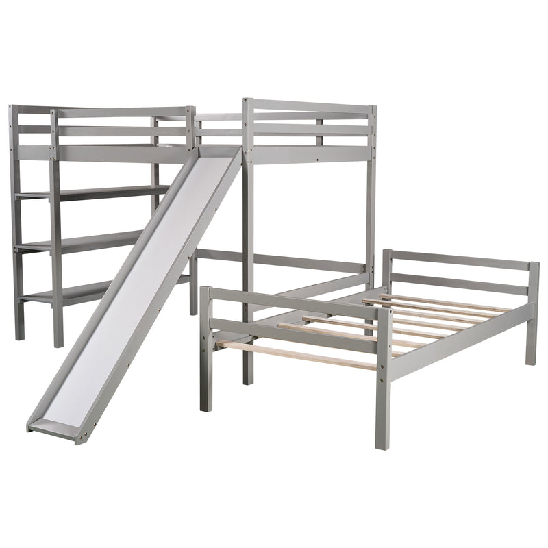 Twin/Full Size Loft Bed with Shelves over Twin Separate Platform Bed ,Gray