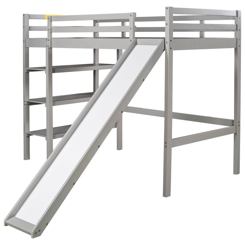 Twin/Full Size Loft Bed with Shelves over Twin Separate Platform Bed ,Gray