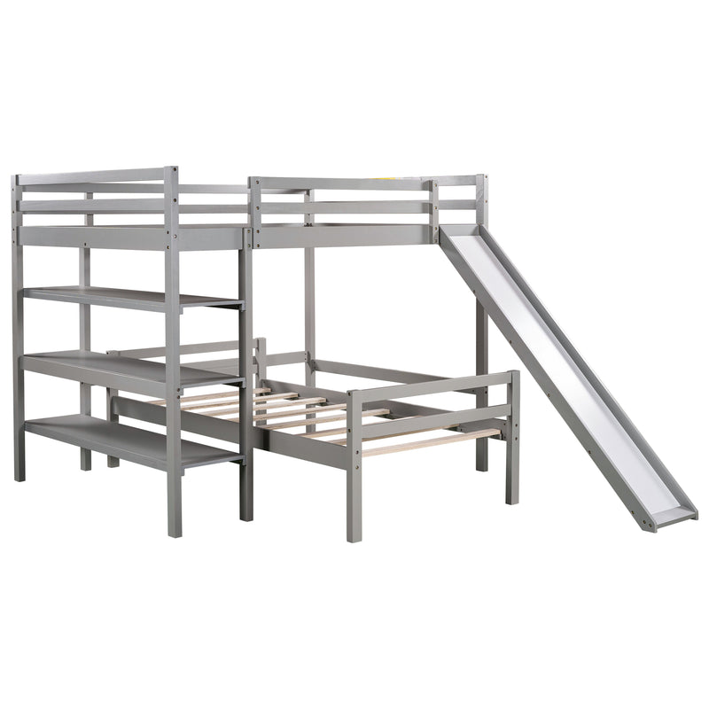 Twin/Full Size Loft Bed with Shelves over Twin Separate Platform Bed ,Gray